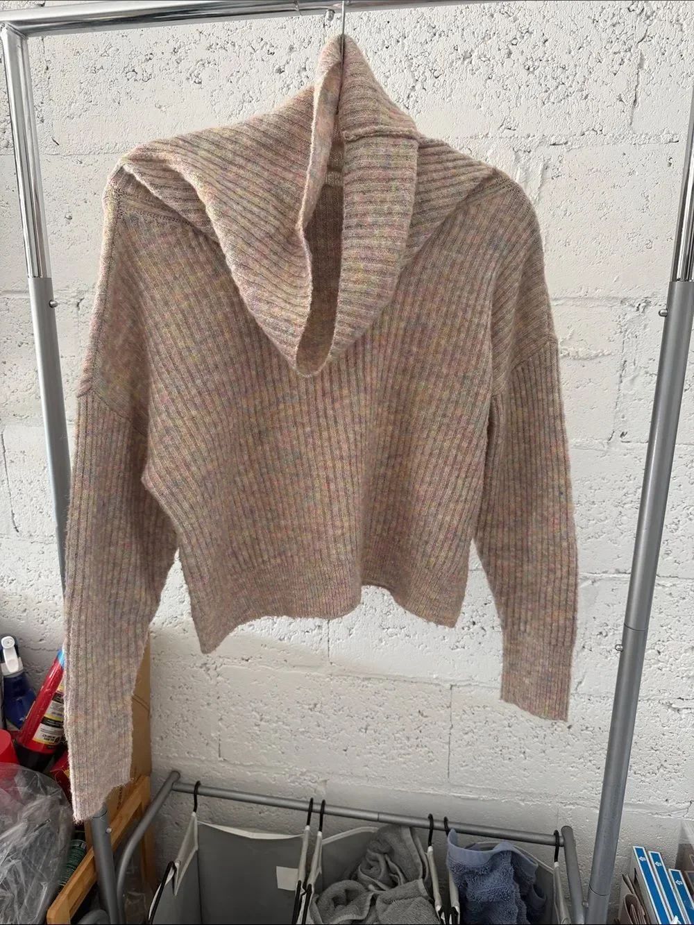 RD Style - Cozy Multicolor Ribbed Hooded Sweater - Size XS - Cowl Neck
